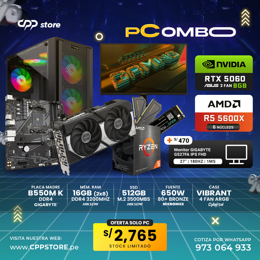 Combo PC Ryzen 5600X RTX 5060 16GB DDR4 SSD 512GB CPP Store