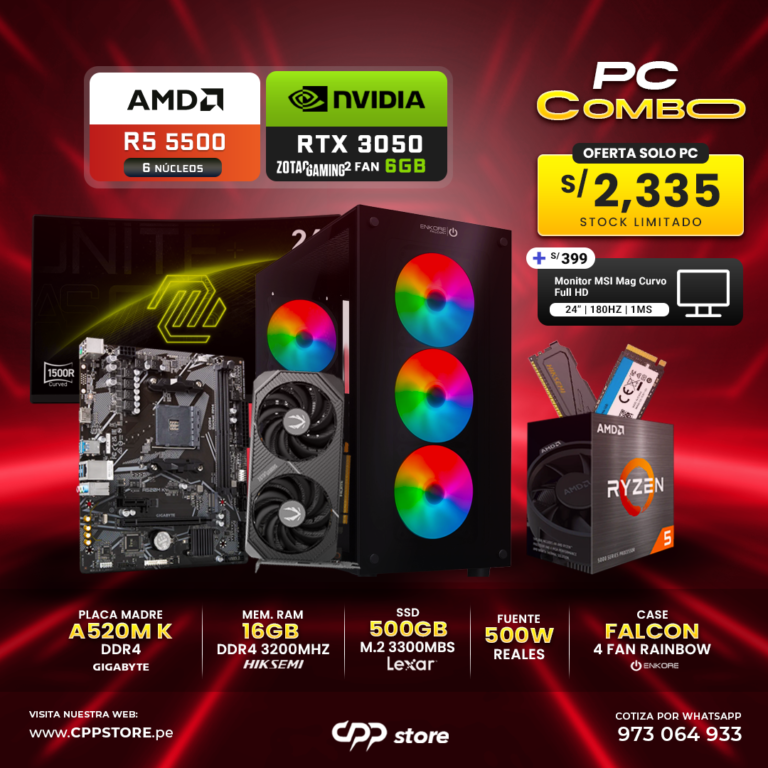 Combo PC Ryzen 5 5500 RTX 3050 500GB SSD 16GB DDR4