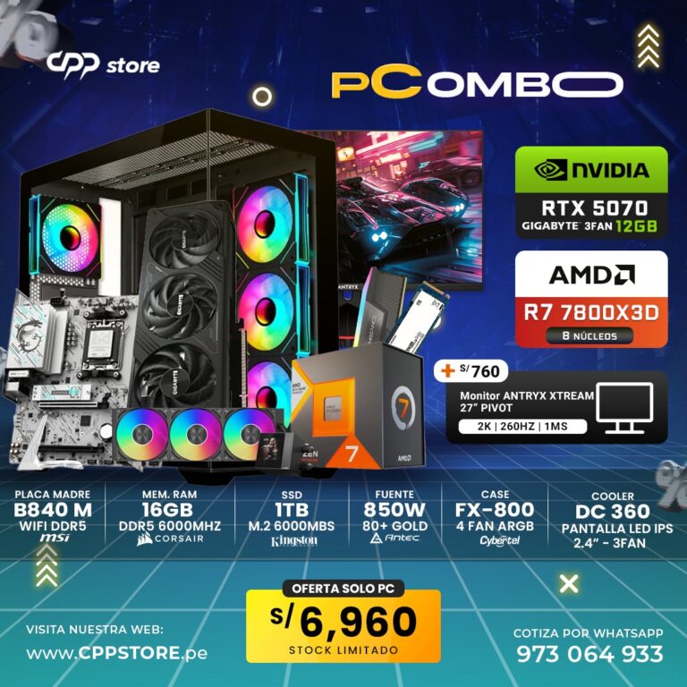Combo PC Ryzen 7 7800X3D RTX 5070 1TB SSD 16GB RAM DDR5