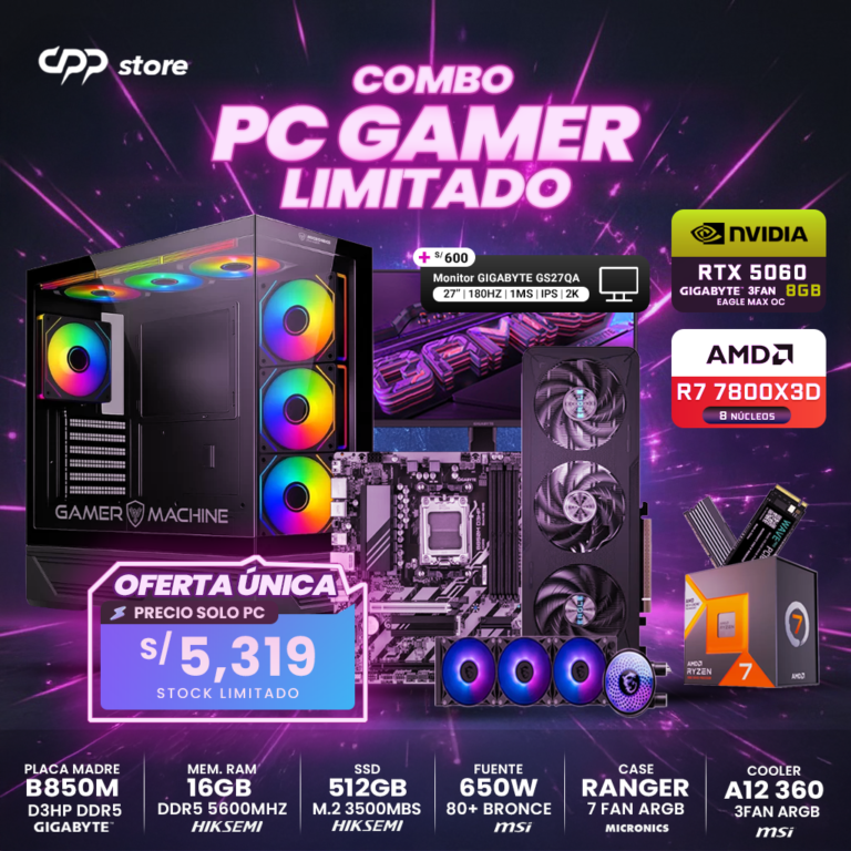 Combo PC Ryzen 7 7800X3D RTX 5060 512GB SSD 16GB RAM DDR5