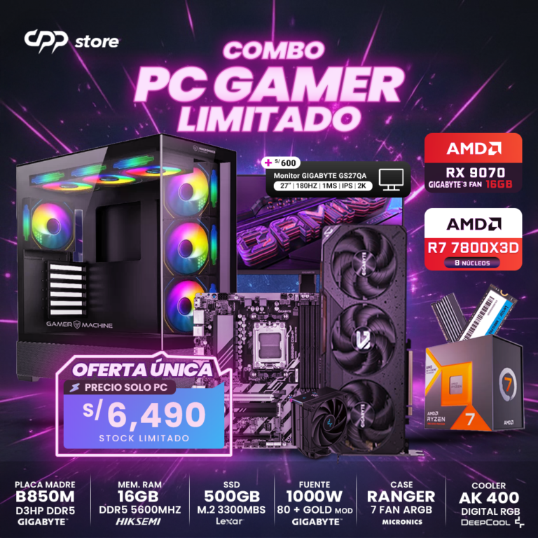 Combo PC Ryzen 7 7800X3D RX 9070 500GB SSD 16GB RAM DDR5